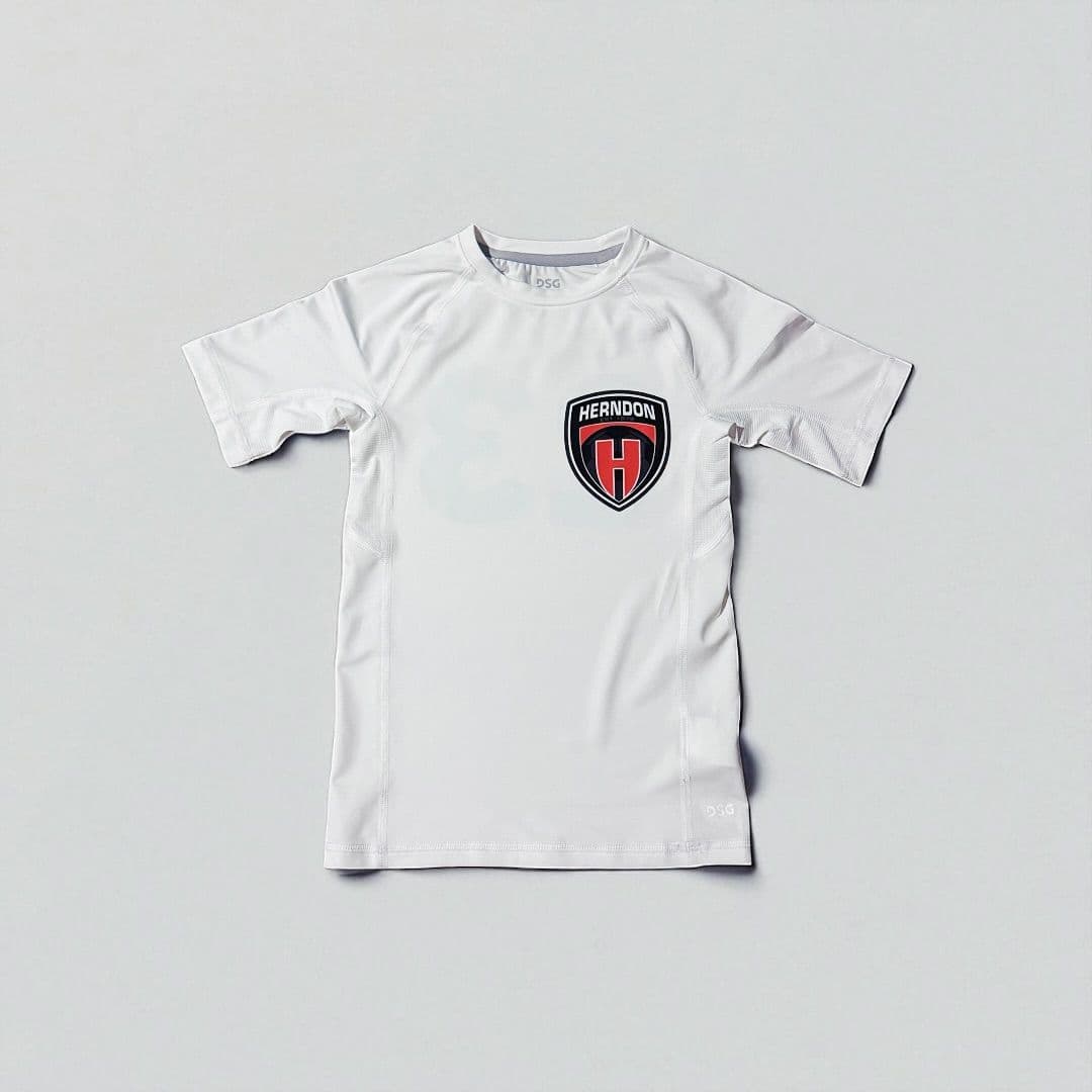 White sports T-shirt with a red and black crest printed on the chest