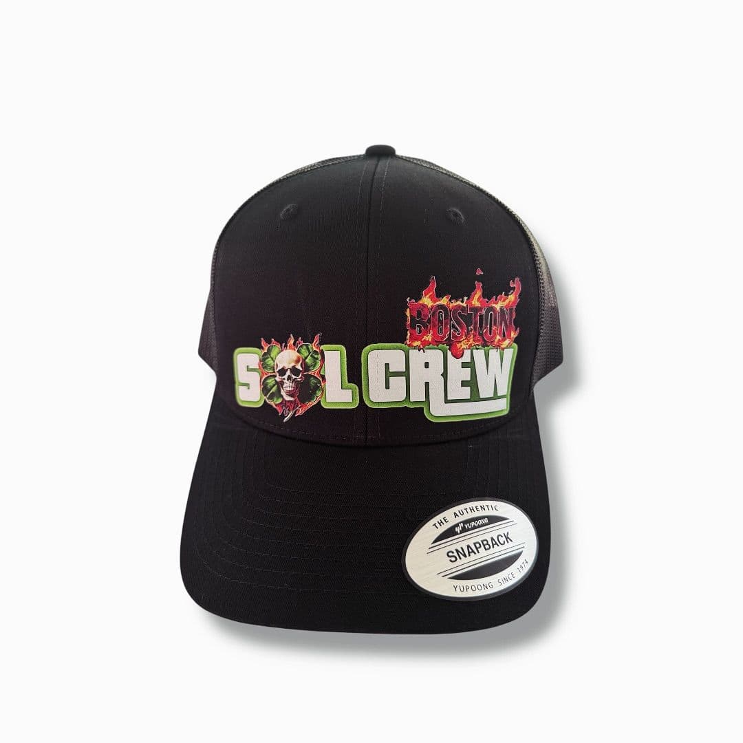 Black snapback cap with a colorful skull and flame logo on the front