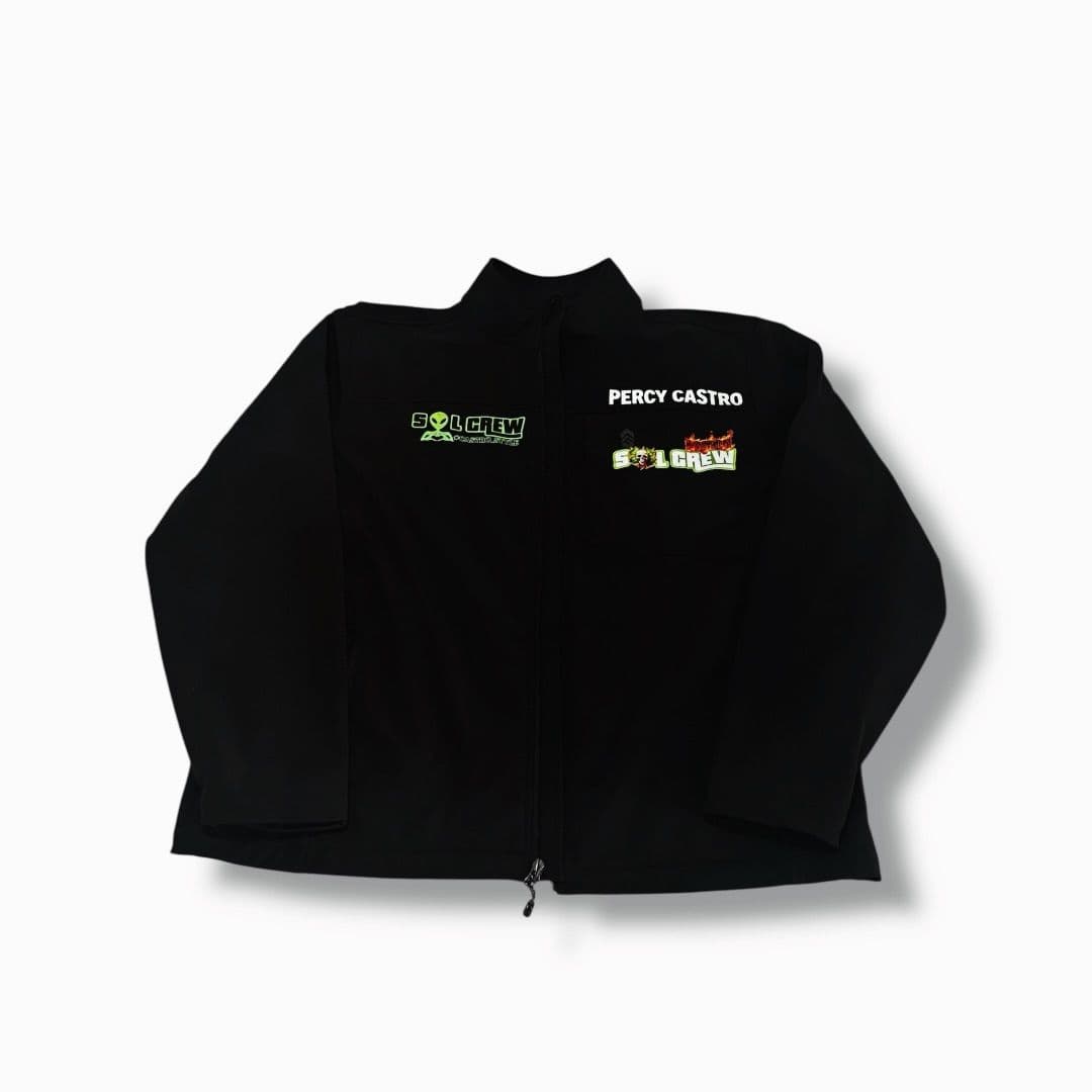 Black zip jacket with green and white logo prints on the chest