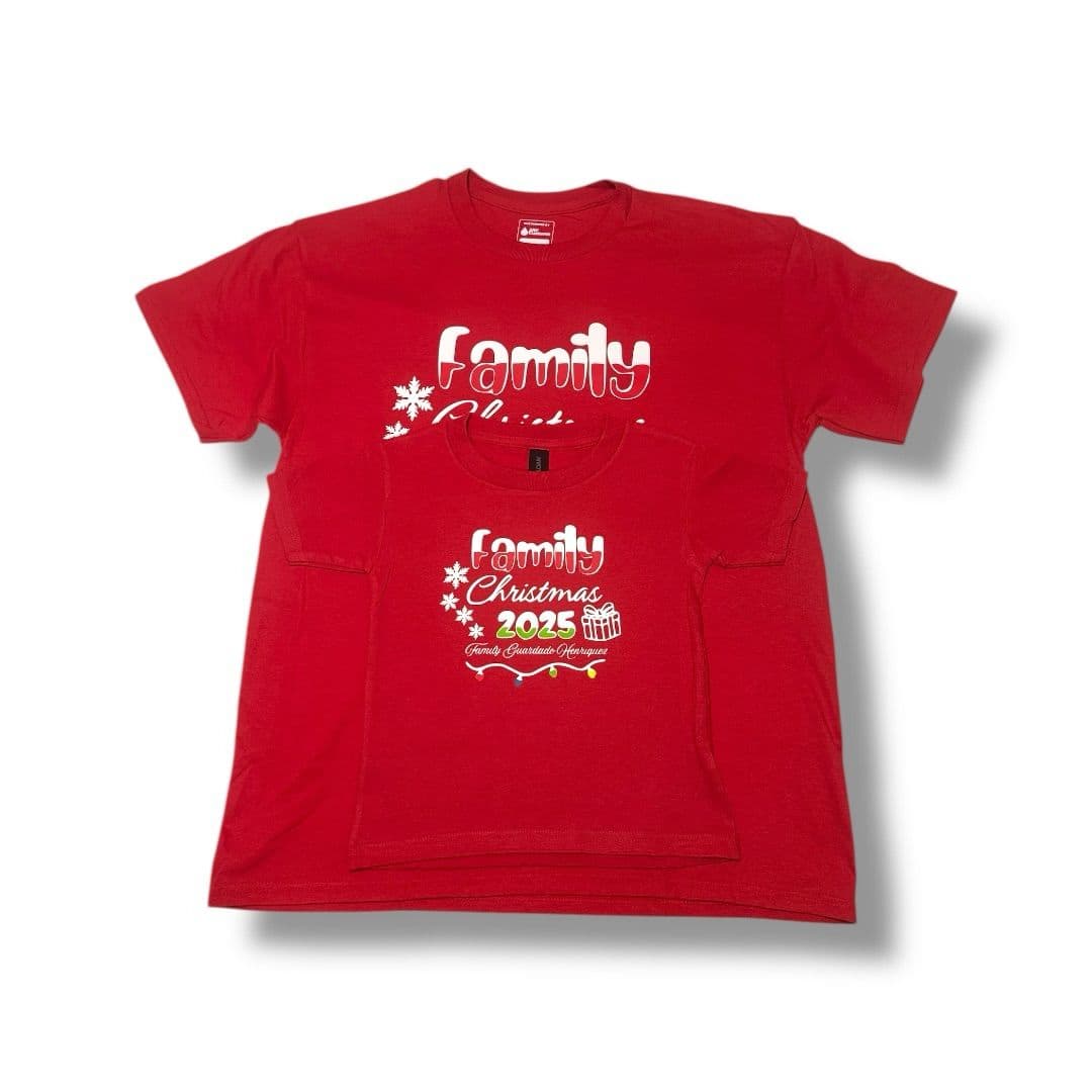 Red T-shirt with a white and gold “Family Christmas 2025” print