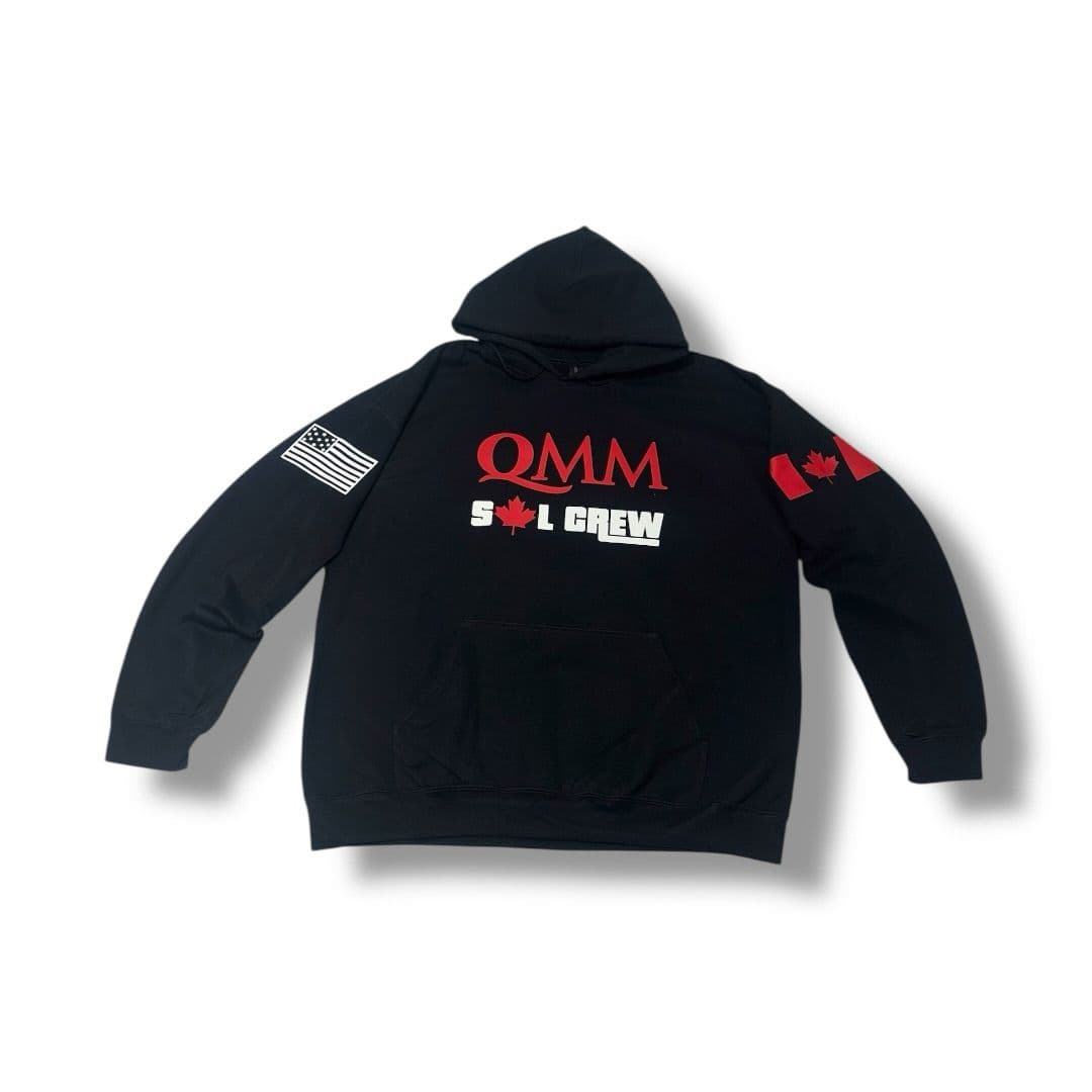 Black hoodie with a white and red front logo print and a flag on the sleeve
