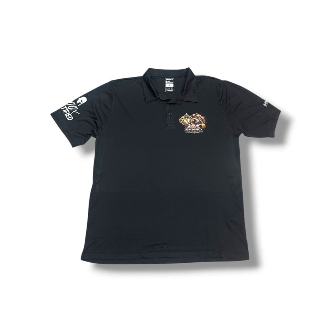 Black polo shirt with DTF prints on the chest and sleeves