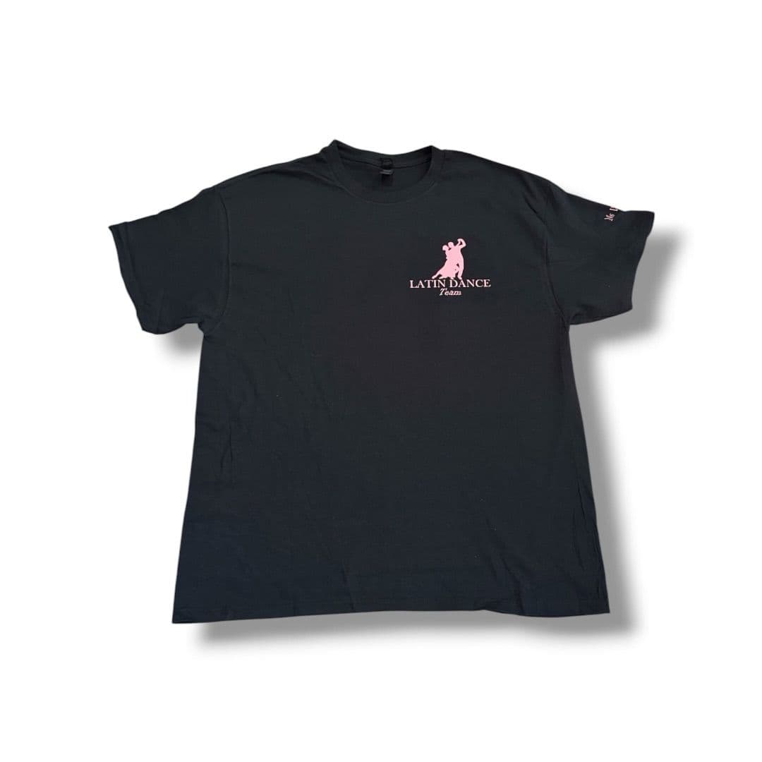 Black T-shirt with a pink Latin Dance Club logo on the chest