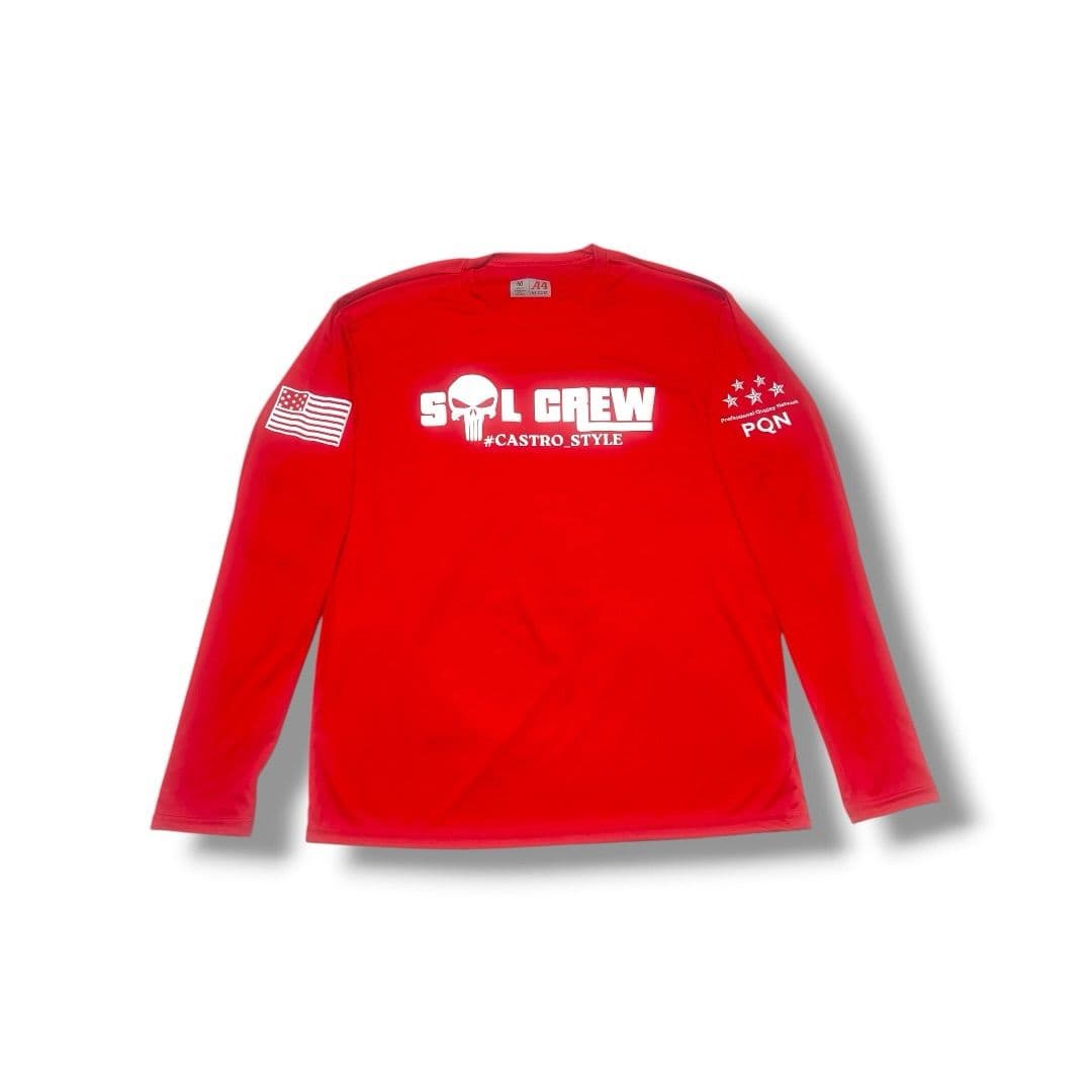Red long sleeve shirt with white prints on the front and sleeve