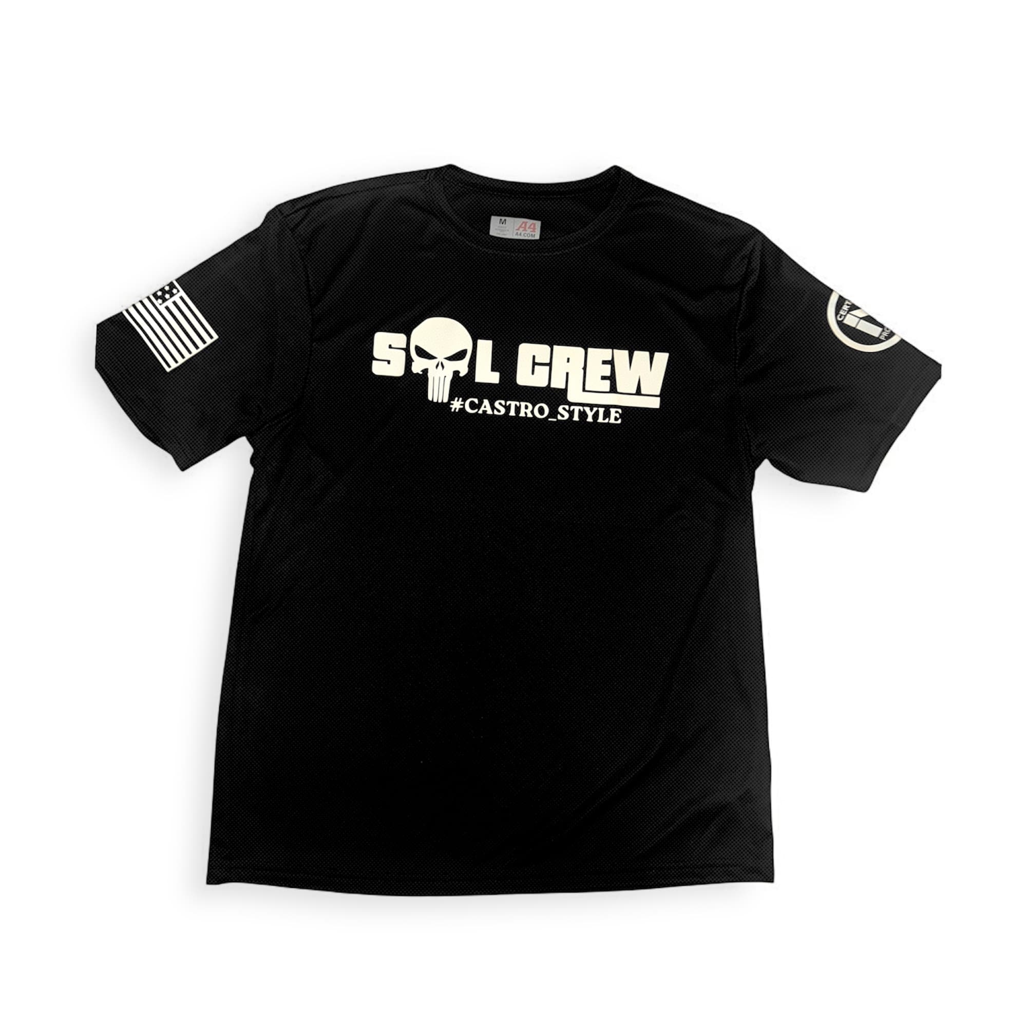 Black Sol Crew tee with front logo and sleeve prints